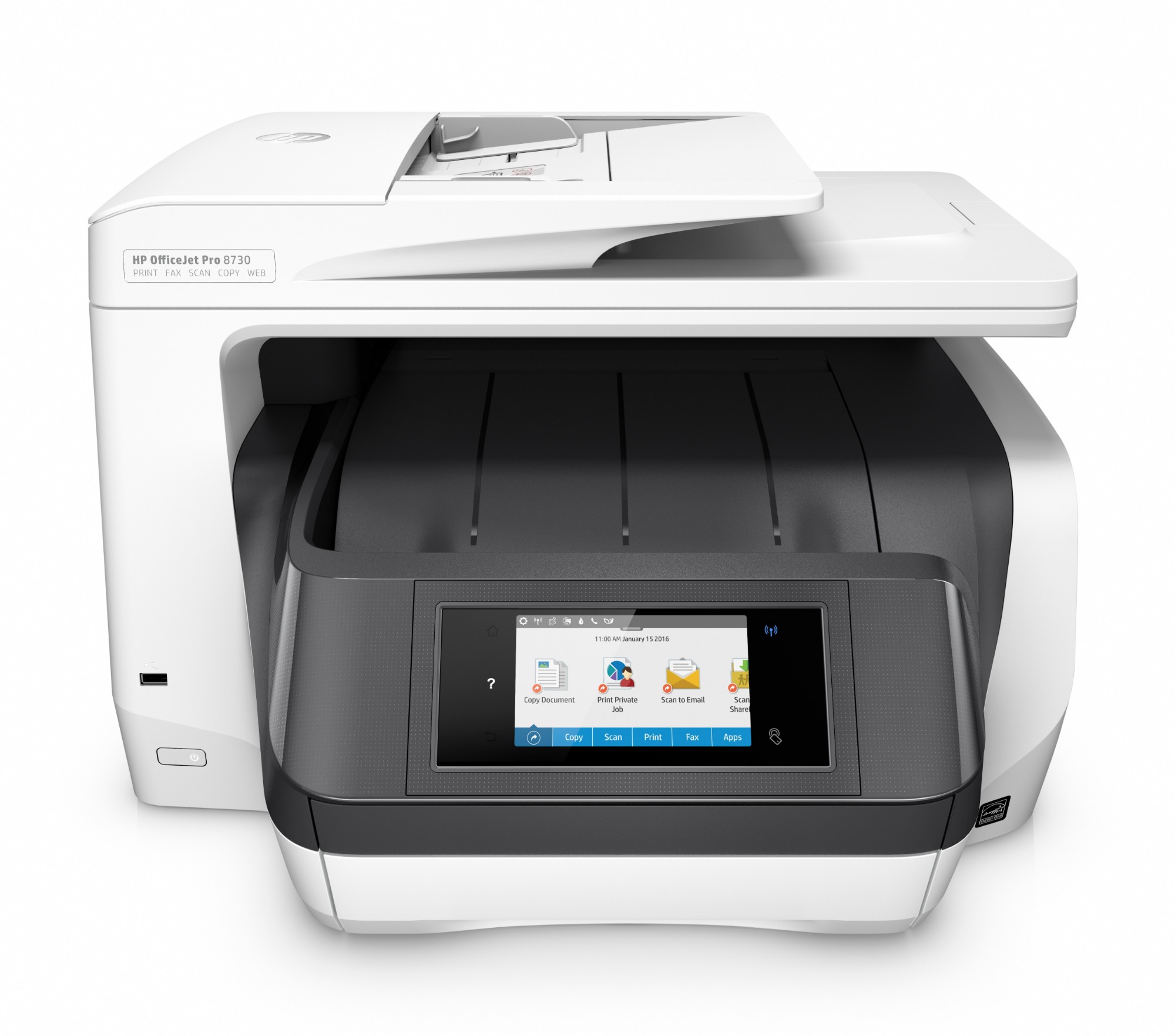 HP OfficeJet Pro 8730 All-in-One Printer, Print, copy, scan, fax, 50-sheet ADF; Front-facing USB printing; Scan to email/PDF; Two-sided printing