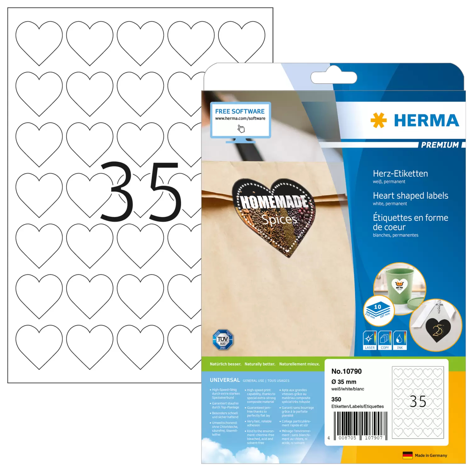 HERMA 10790 self-adhesive label Heart Permanent White 350 pc(s)