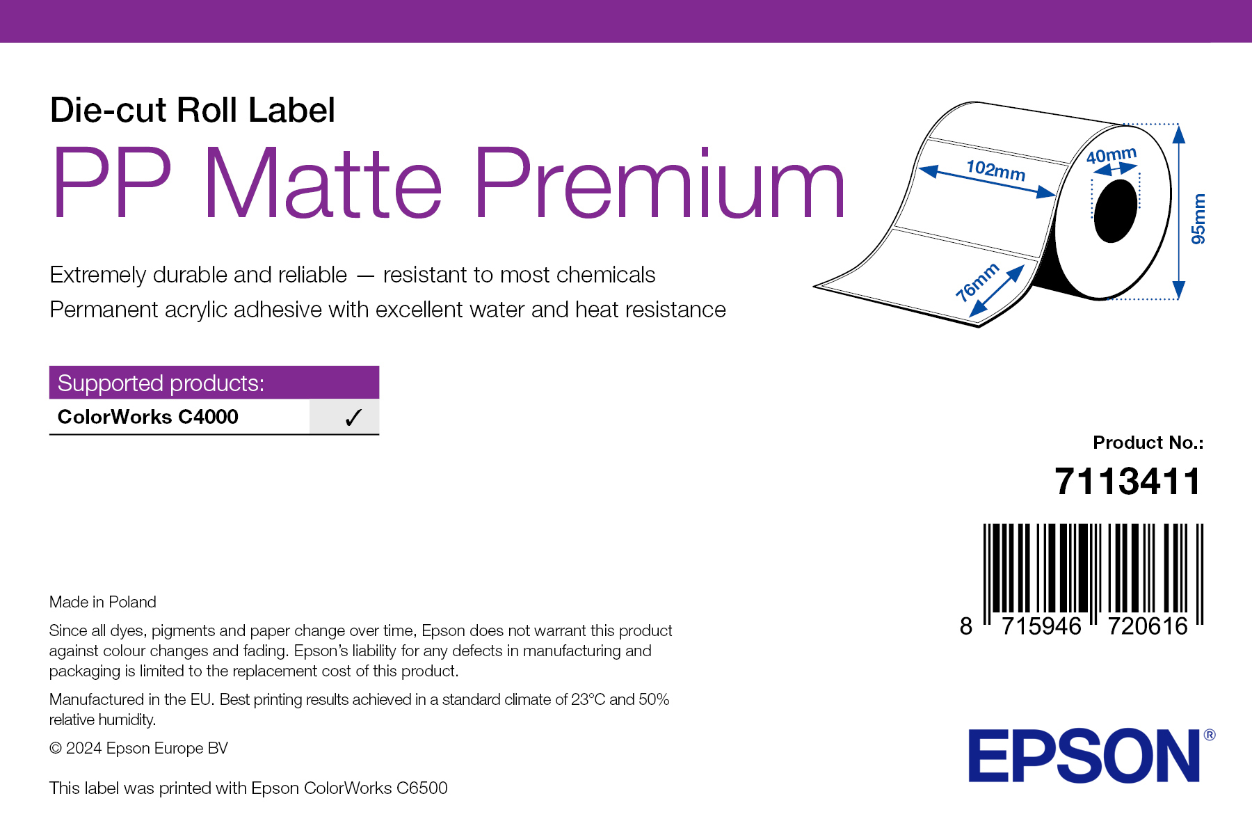 Epson PP Matte Label Premium. Die-cut Roll. 102mm x 76mm. 365 Labels