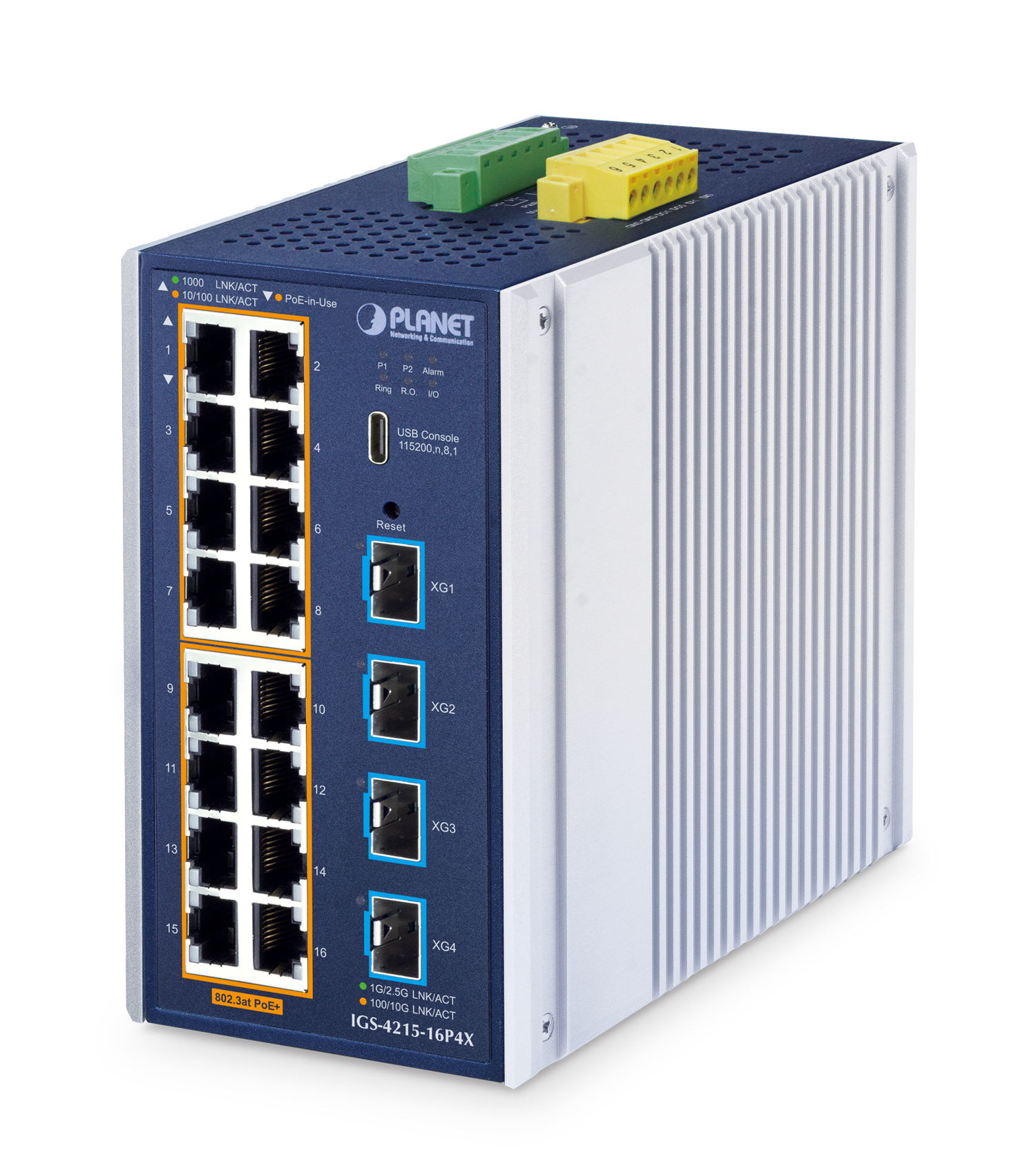PLANET ndustrial L2+ 16-Port 10/100/1000T 802.3at PoE + 4-Port 10G SFP+ Managed Ethernet Switch L2+ Gigabit Ethernet (10/100/1000) Power over Ethernet (PoE) Aluminium, Blue