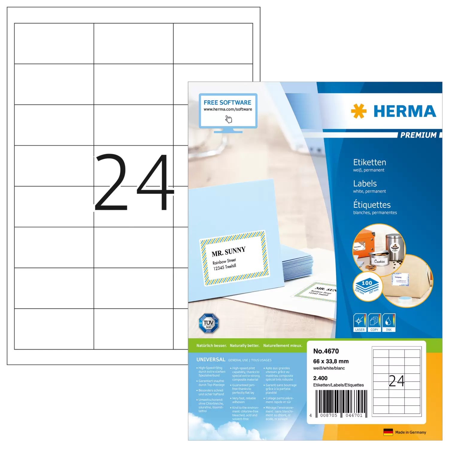 Image of HERMA Labels Premium A4 66x33.8 mm white paper matt 2400 pcs.