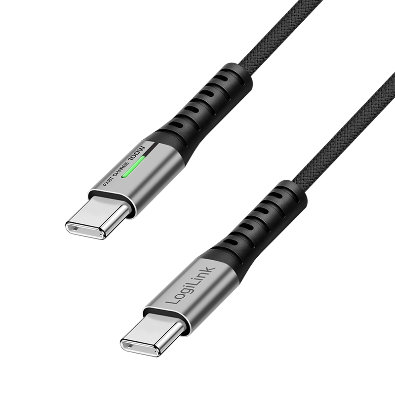 LogiLink USB 2.0 Type-C cable, C/M to C/M, 480 Mbps, 100W, LED, nylon, metal, black, 1 m