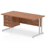 Dynamic Impulse W1600 x D800 x H730mm Straight Office Desk Cantilever Leg With 1x3 Drawer Single Fixed Pedestal Walnut Finish Silver Frame - MI001929 DD