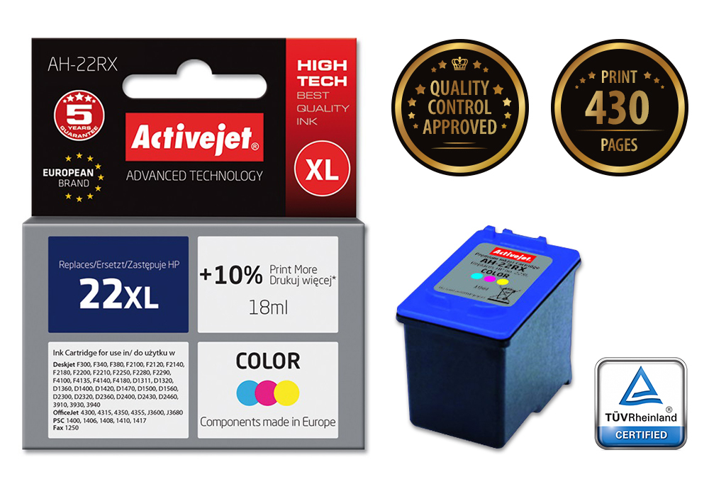 Activejet AH-22RX ink for HP printer, HP 22XL C9352A replacement; Premium; 18 ml; color