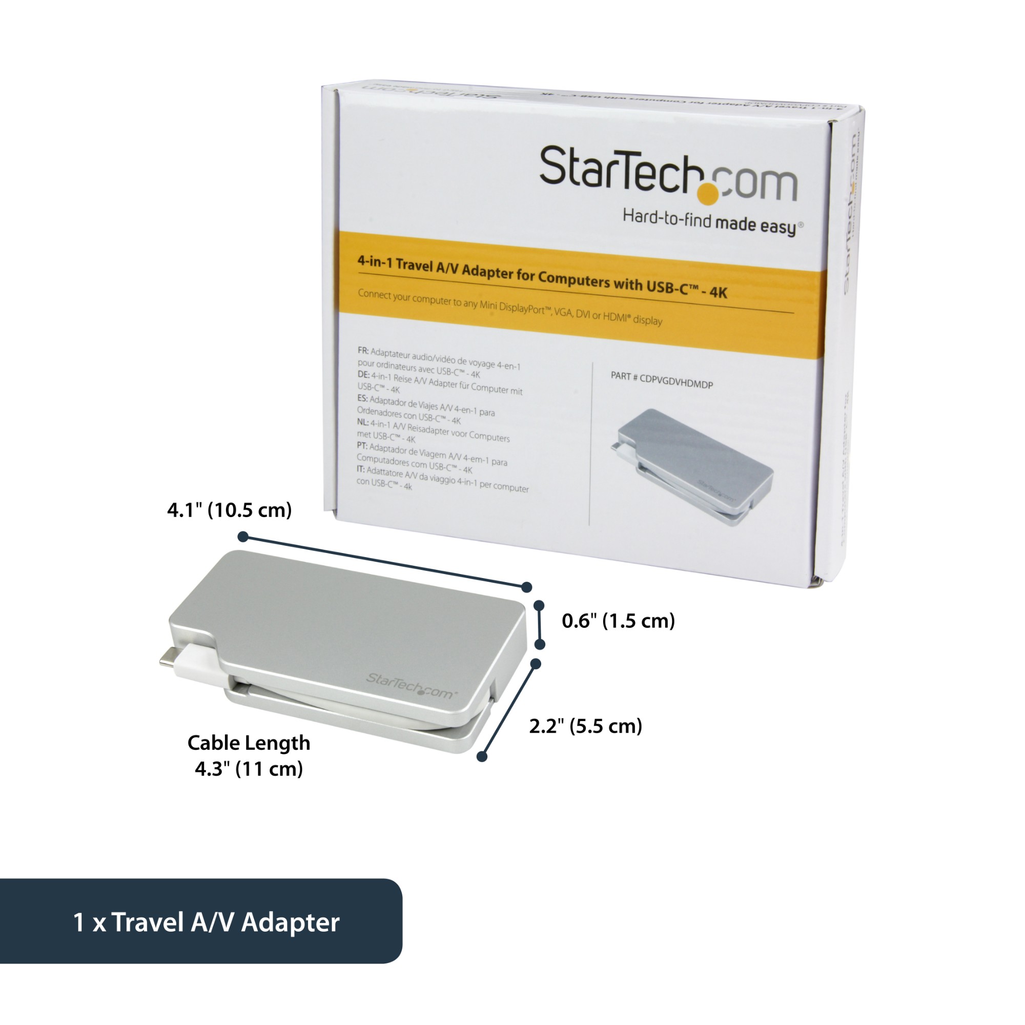 StarTech.com USB C Multiport Video Adapter with HDMI, VGA, Mini DisplayPort or DVI - USB Type C Monitor Adapter to HDMI 1.4 or mDP 1.2 (4K) - VGA or DVI (1080p) - Silver Aluminum