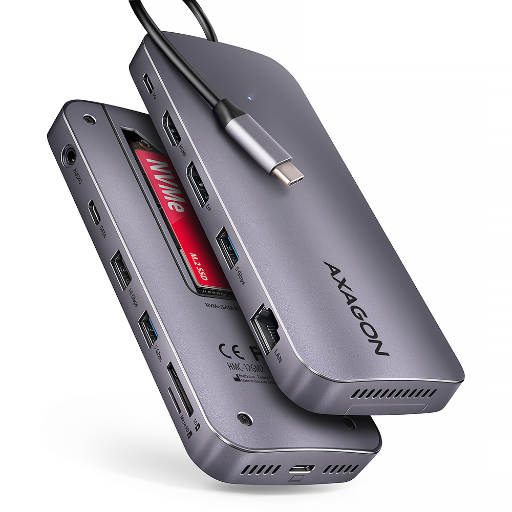 Axagon HMC-12GM2. USB 10Gbps hub. 3x USB-A. USB-C. HDMI. DP. RJ-45. M.