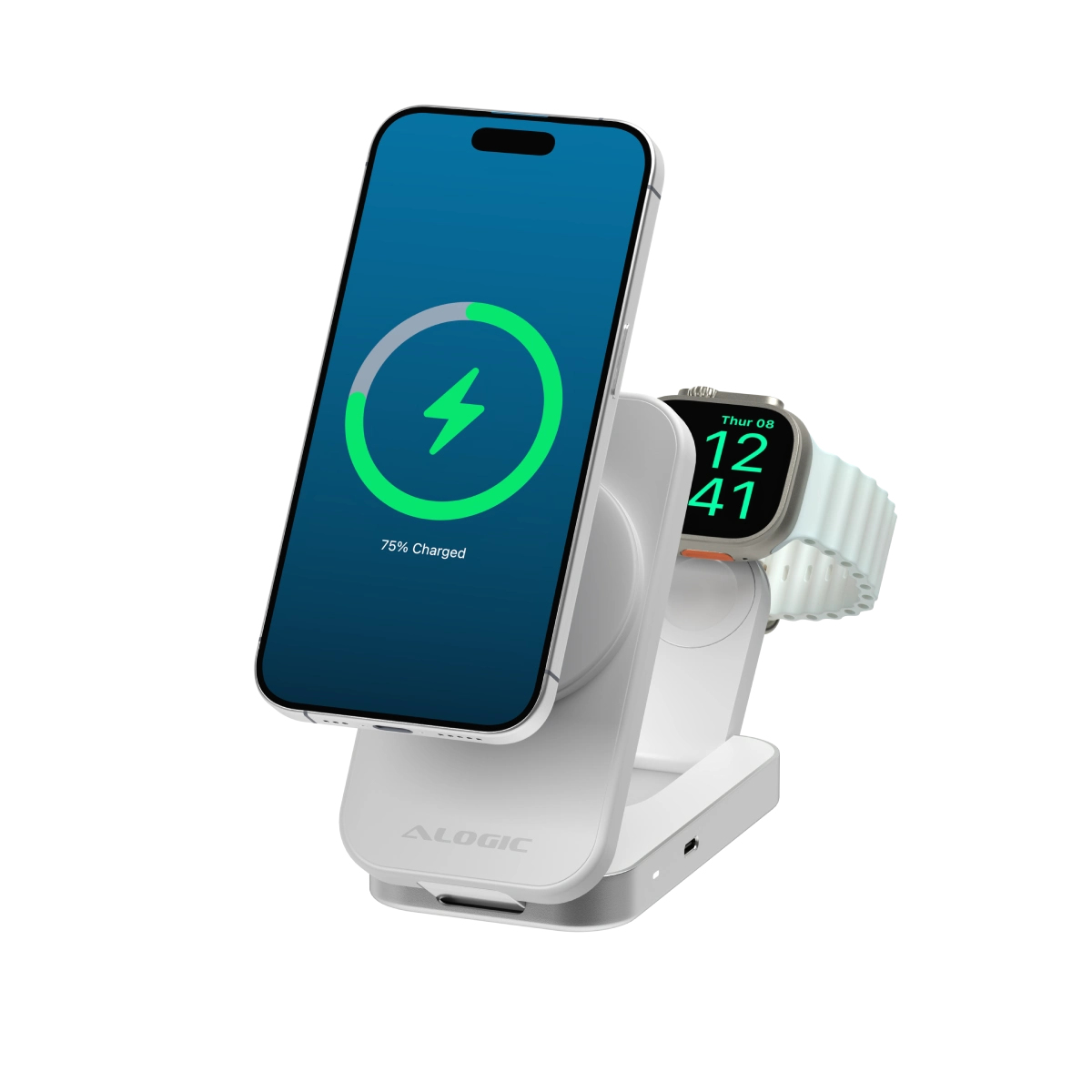 Alogic Silver/Grey Flip 2-In-1 Qi2 Fast Wireless Charging Stand