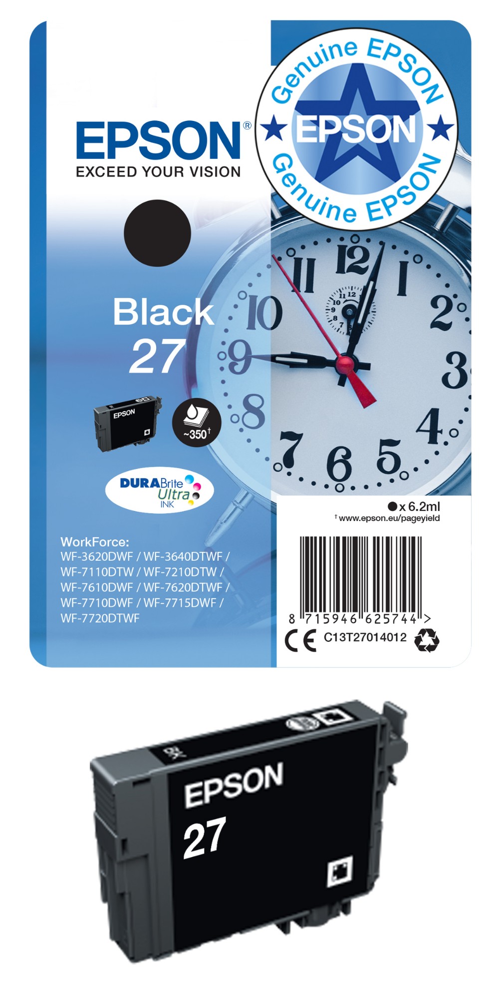 Epson 27XL Alarm Clock DURABrite Ultra Ink Cartridge High Yield Black C13T27114012