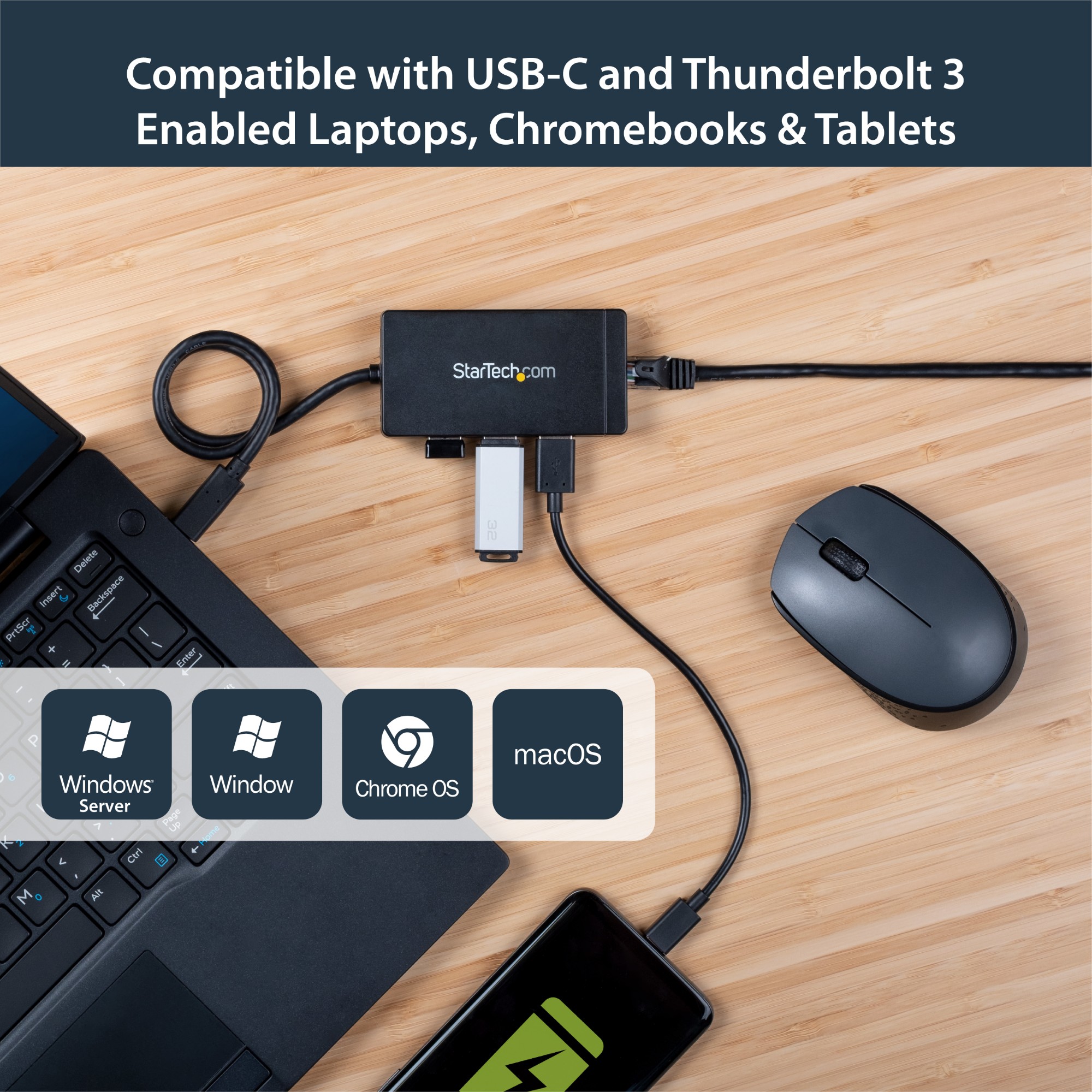 StarTech.com 3-Port USB-C Hub with Gigabit Ethernet - USB-C to 3x USB-A - USB 3.0 - Includes Power Adapter