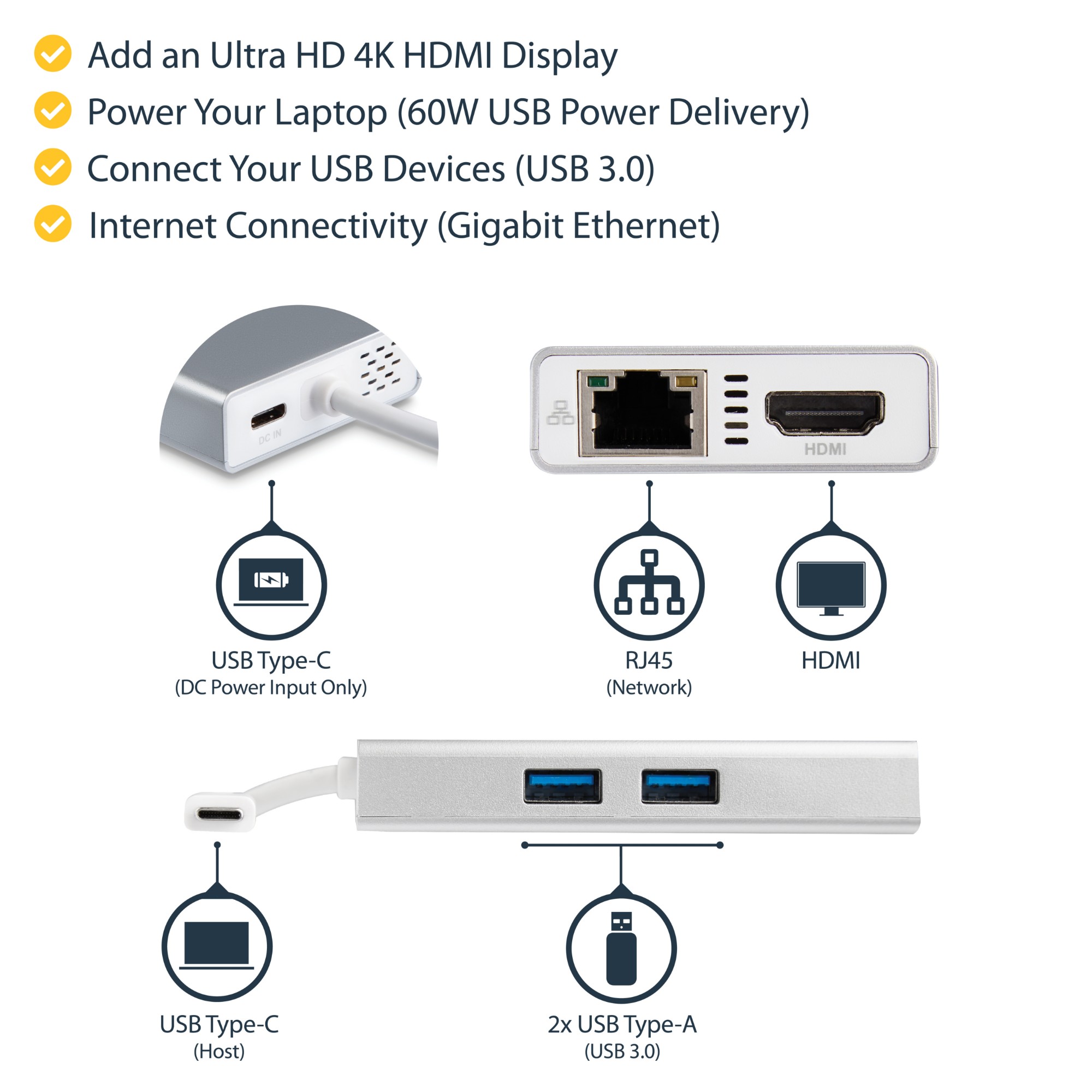 StarTech.com USB-C Multiport Adapter - USB-C Travel Docking Station w/ 4K HDMI - 60W Power Delivery Pass-Through, GbE, 2pt USB-A 3.0 Hub - Portable Mini USB Type-C Dock for Laptop - White