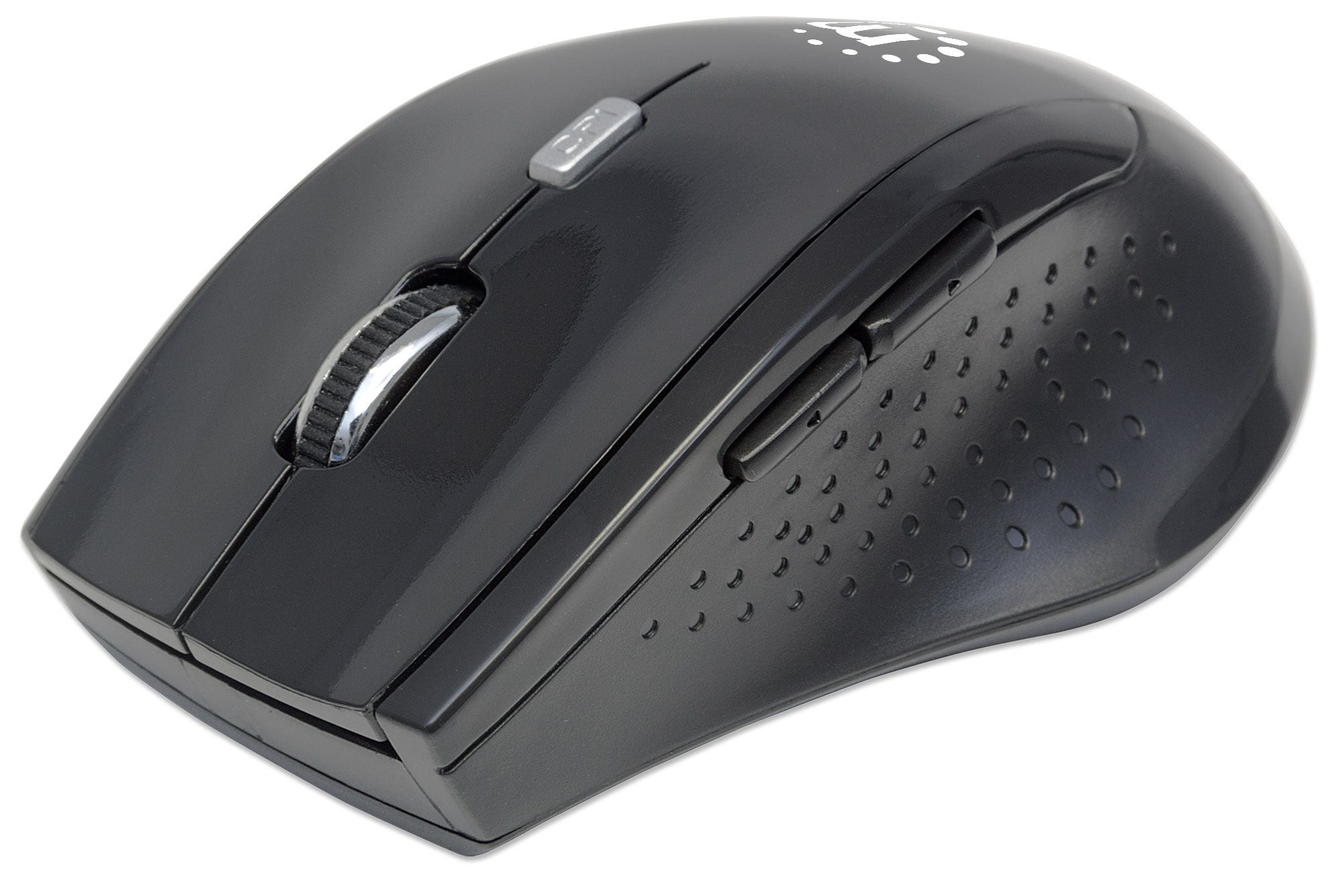 Manhattan Curve Wireless Mouse, Black, Adjustable DPI (800, 1200 or 1600dpi), 2.4Ghz (up to 10m), USB, Optical, Five Button with Scroll Wheel, USB micro receiver, 2x AAA batteries (included), Full size, Low friction base, Blister