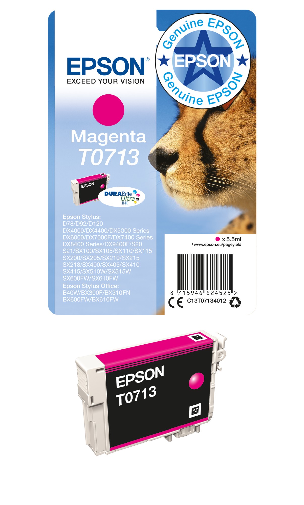 Epson C13T07134012/T0713 Ink cartridge magenta, 250 pages ISO/IEC 19752 5,5ml for Epson Stylus BX 310/600/D 120/D 78/S 20