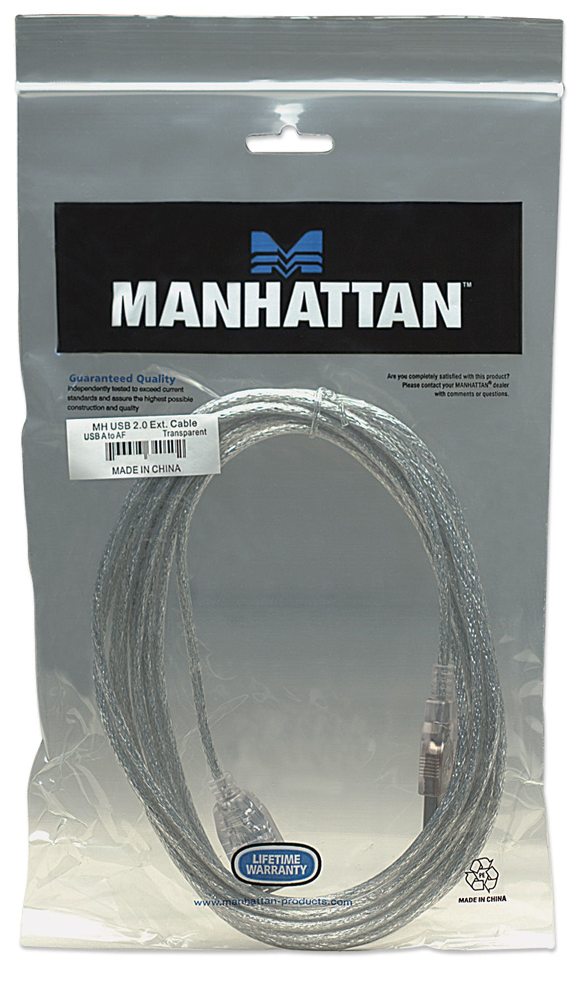 Manhattan USB-A to USB-A Extension Cable, 3m, Male to Female, 480 Mbps (USB 2.0), Translucent Silver, Polybag