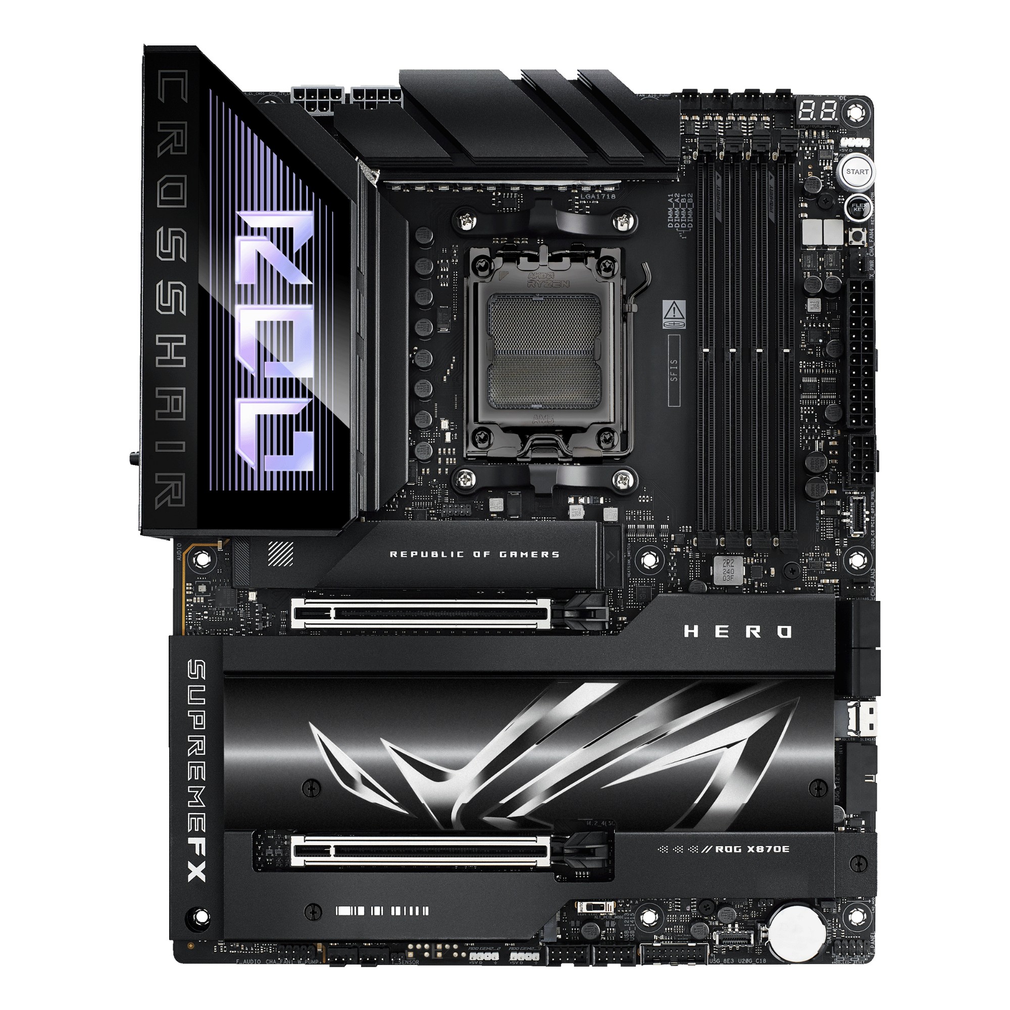 90MB1IE0-M0EAY0 ASUS ROG CROSSHAIR X870E HERO, AMD X870E, AM5, ATX, 4 DDR5, HDMI, 2 USB4, Wi-Fi 7, 5G & 2.5G LAN, PD 60W, RGB, 5x M.2