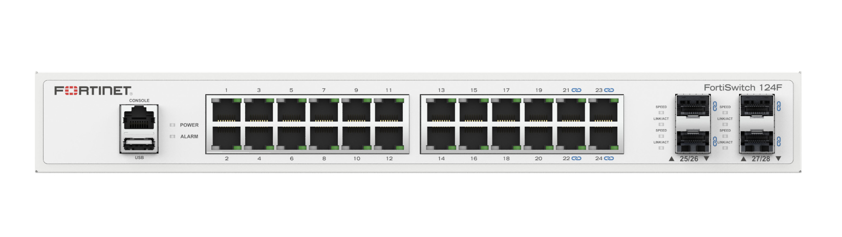 Fortinet FortiSwitch-124F is a performance/price competitive switch with 24x GE port + 4x SFP+ port + 1x RJ45 console. Fanless design.