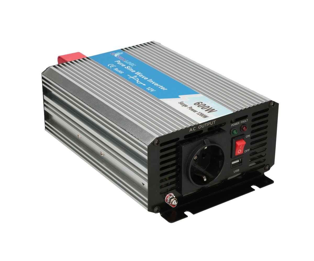 Extralink VOLTAGE CONVERTER 12V - 230V, 600W, PURE SINUS OPIP-600W power adapter/inverter Auto Aluminium, Black