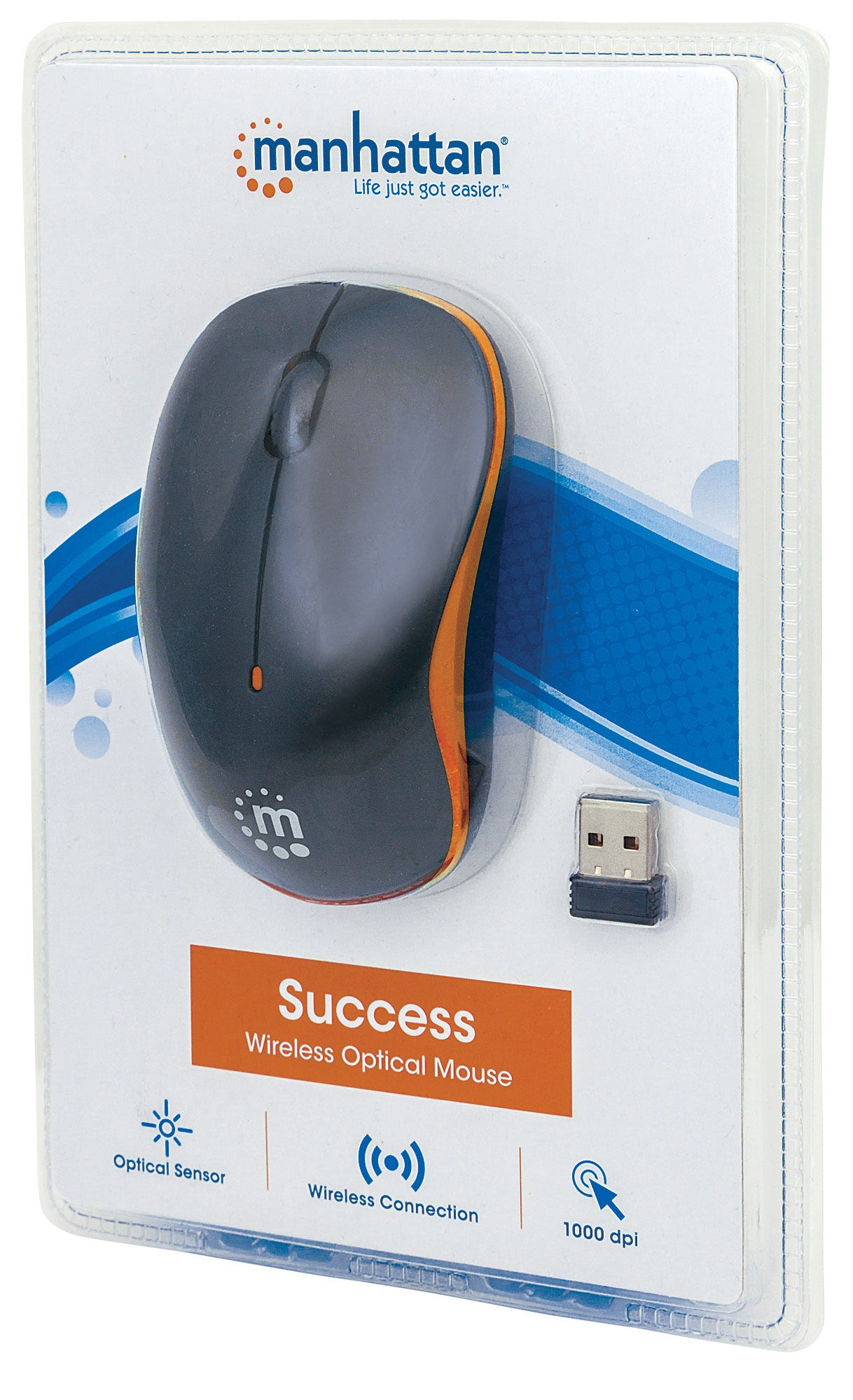 Manhattan Success Wireless Mouse, Black/Orange, 1000dpi, 2.4Ghz (up to 10m), USB, Optical, Three Button with Scroll Wheel, USB micro receiver, AA battery (included), Low friction base, Blister