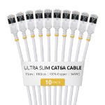 StarTech.com 15cm White Ultra Slim Cat6A Ethernet Cable, 10 Pack, Snagless, FTP, Pure Bare Copper Wire, 34AWG Ultra Slim RJ45 Network Patch Cord, Individually Tested