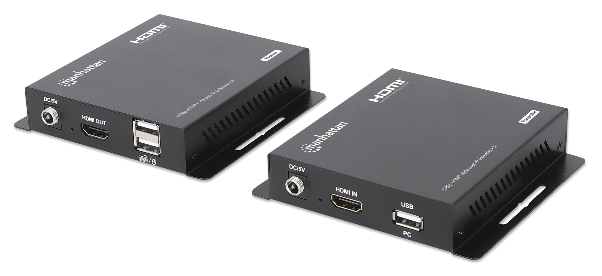 Manhattan 1080p HDMI KVM over IP Extender Kit, Extends 1080p@60Hz signal up to 120m with a single Cat6 Ethernet Cable or an IP-enabled network, Transmitter and Receiver, USB-A ports for PC/Mouse/Keyboard, Black, Three Year Warranty