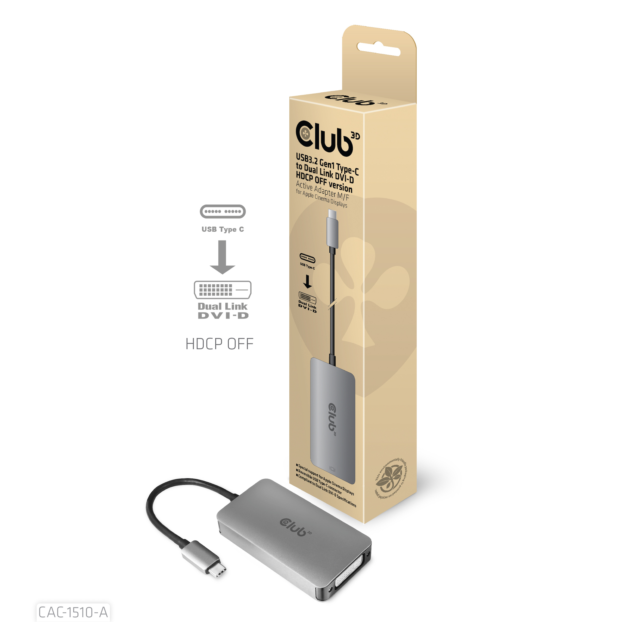 Image of CLUB3D USB3.2 Gen1 Type-C to Dual Link DVI-D HDCP OFF version...