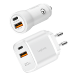 LogiLink USB Charger Set, Car & AC, USB-C/F + USB-A/F, PD 20 W, white