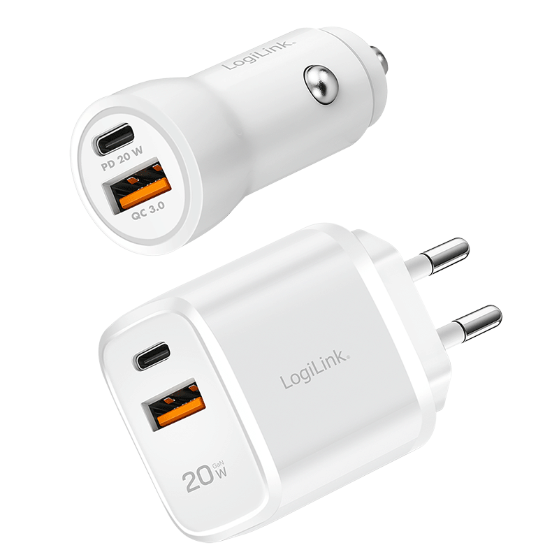 LogiLink USB Charger Set. Car & AC. USB-C/F + USB-A/F. PD 20 W. wh