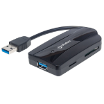 Manhattan USB-A 3-Port Hub and Card Reader/Writer, 3x USB-A Ports, 5 Gbps (USB 3.2 Gen1 aka USB 3.0), Supports MicroSD, SD and MMC Memory Cards, Bus Powered, SuperSpeed USB, Windows and Mac, Black, Three Year Warranty, Blister