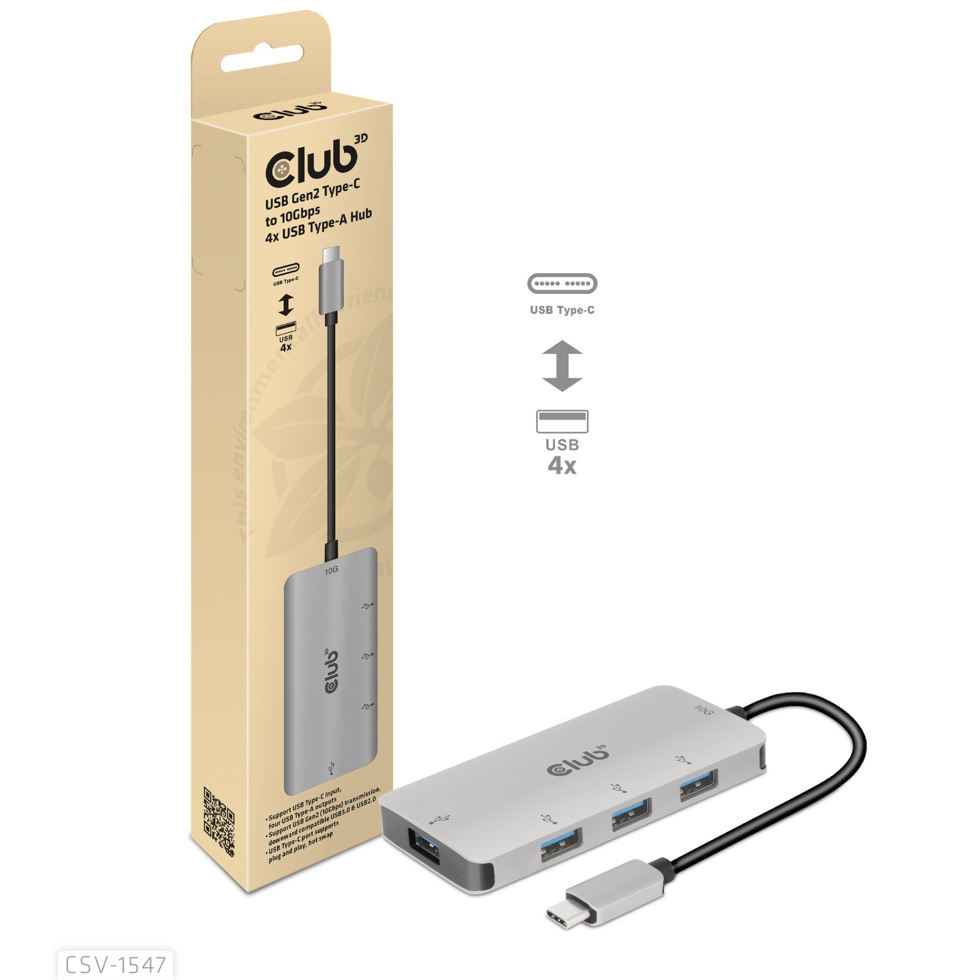 CLUB3D 4-Port USB-A Hub for USB-C â€“ 10Gbps Fast Transfer