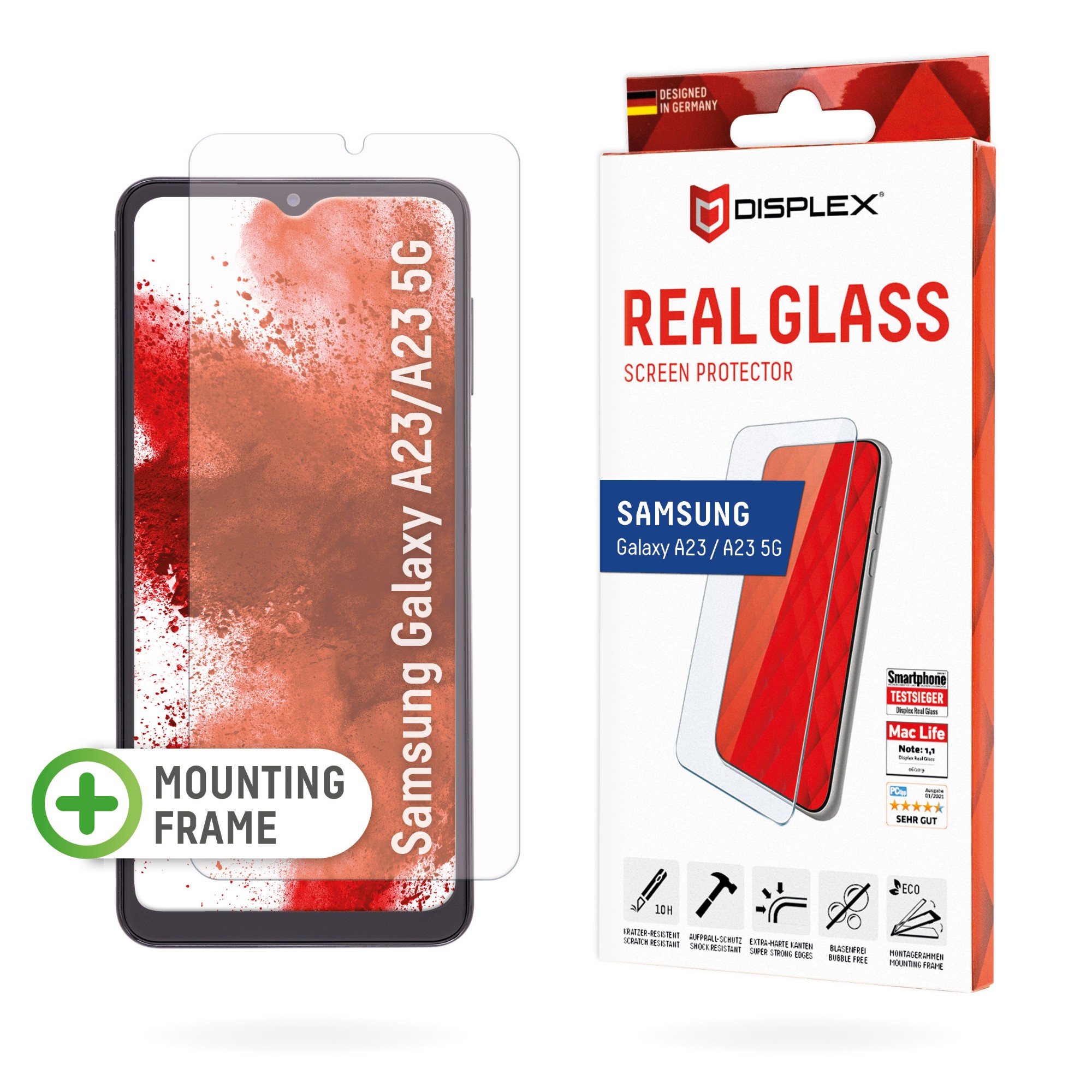 Displex Screen Protector (10H) for Samsung Galaxy A23 5G, Eco Mounting Frame, Tempered Glass, scratch resistant protective film, case friendly