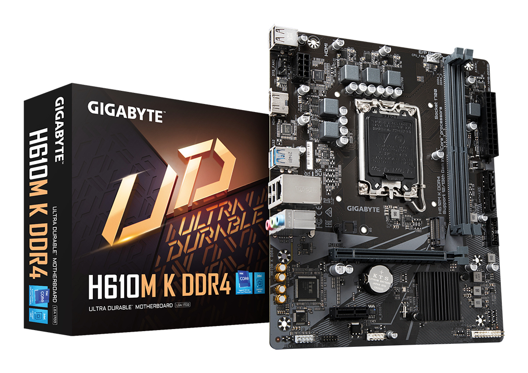 GIGABYTE H610M K DDR4 Motherboard - Supports Intel Core 14th Gen CPUs, up to 3200MHz DDR4, 1xPCIe 3.0 M.2, GbE LAN, USB 3.2 Gen 1
