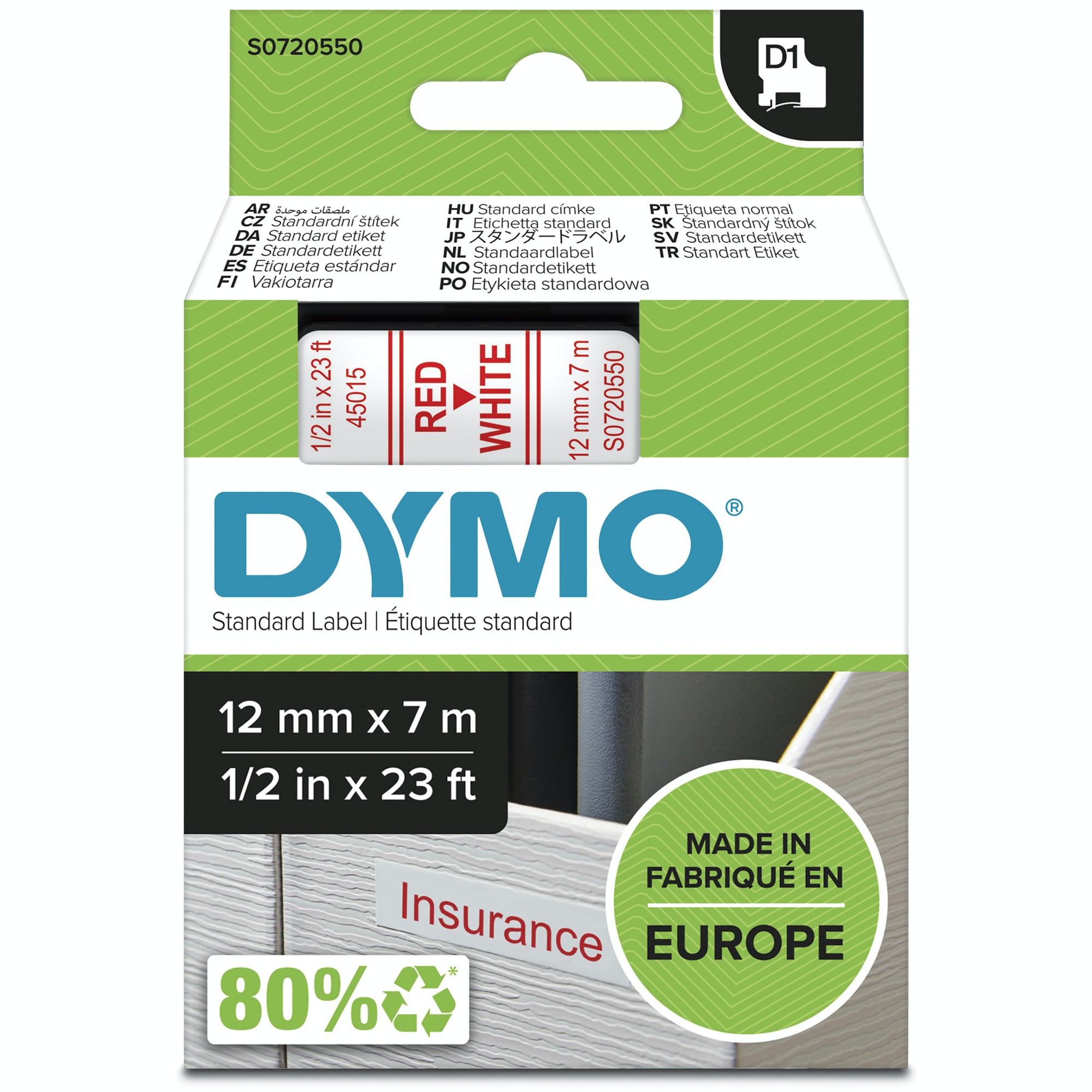 Dymo 45015/S0720550 DirectLabel-etikettes red on white 12mm x 7m for D