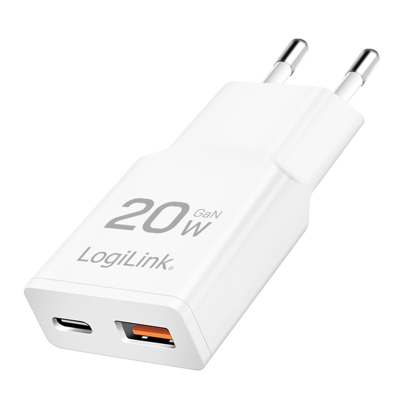 LogiLink USB-A/C charger, 20 W, GaN, 2-port, 1x USB-A (QC), 1x USB-C (PD), Slim version,  White