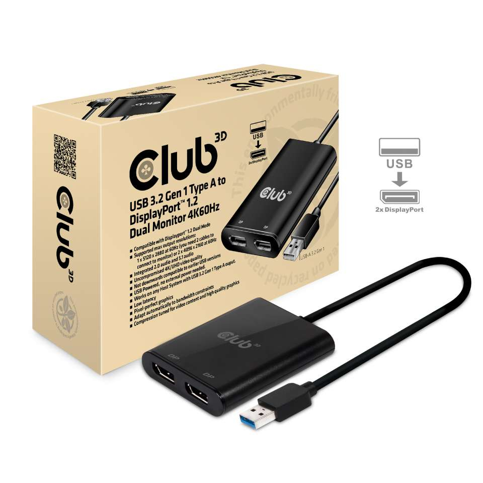 Image of CLUB3D USB3.2 Gen1 Type A to 2x DisplayPort1.2 Dual Monitor...