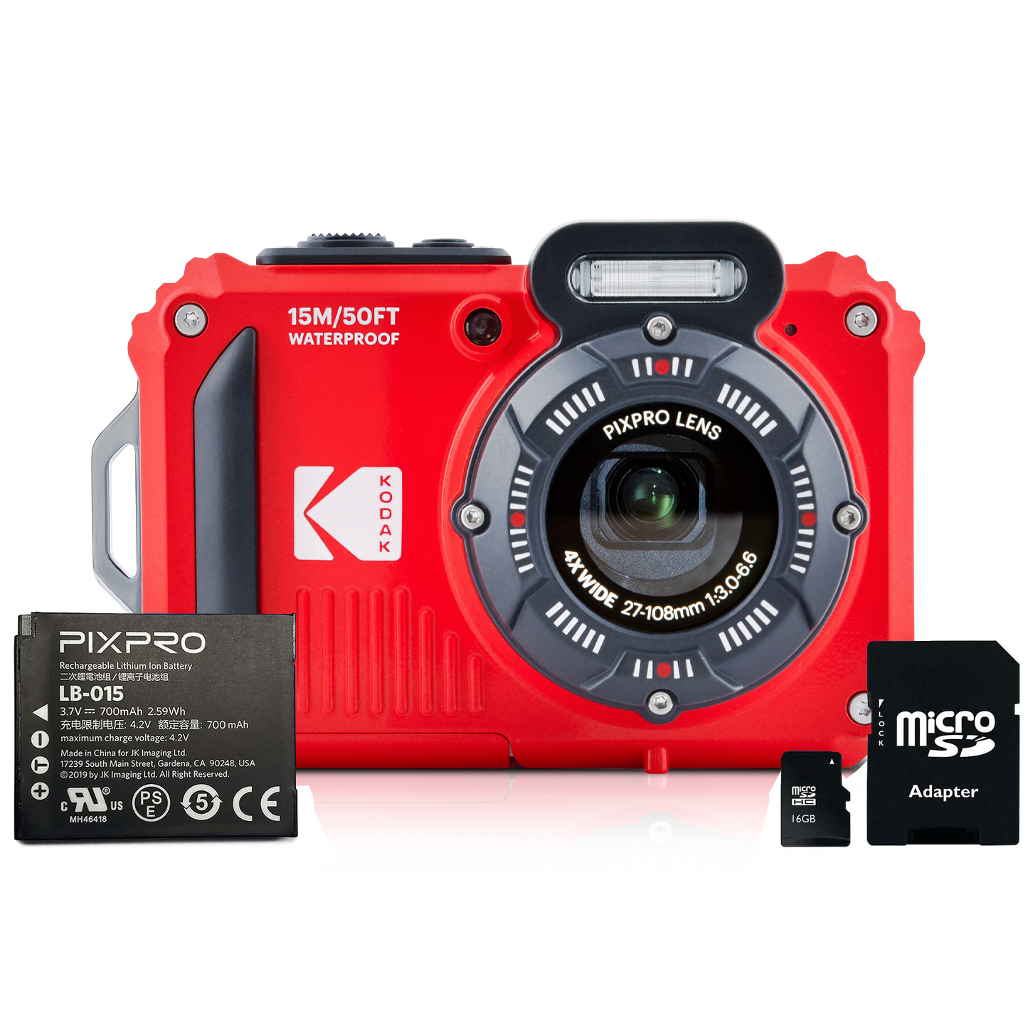 Kodak PIXPRO WPZ2 16MP 4x Zoom Tough Compact Camera - Red - Camera + 1