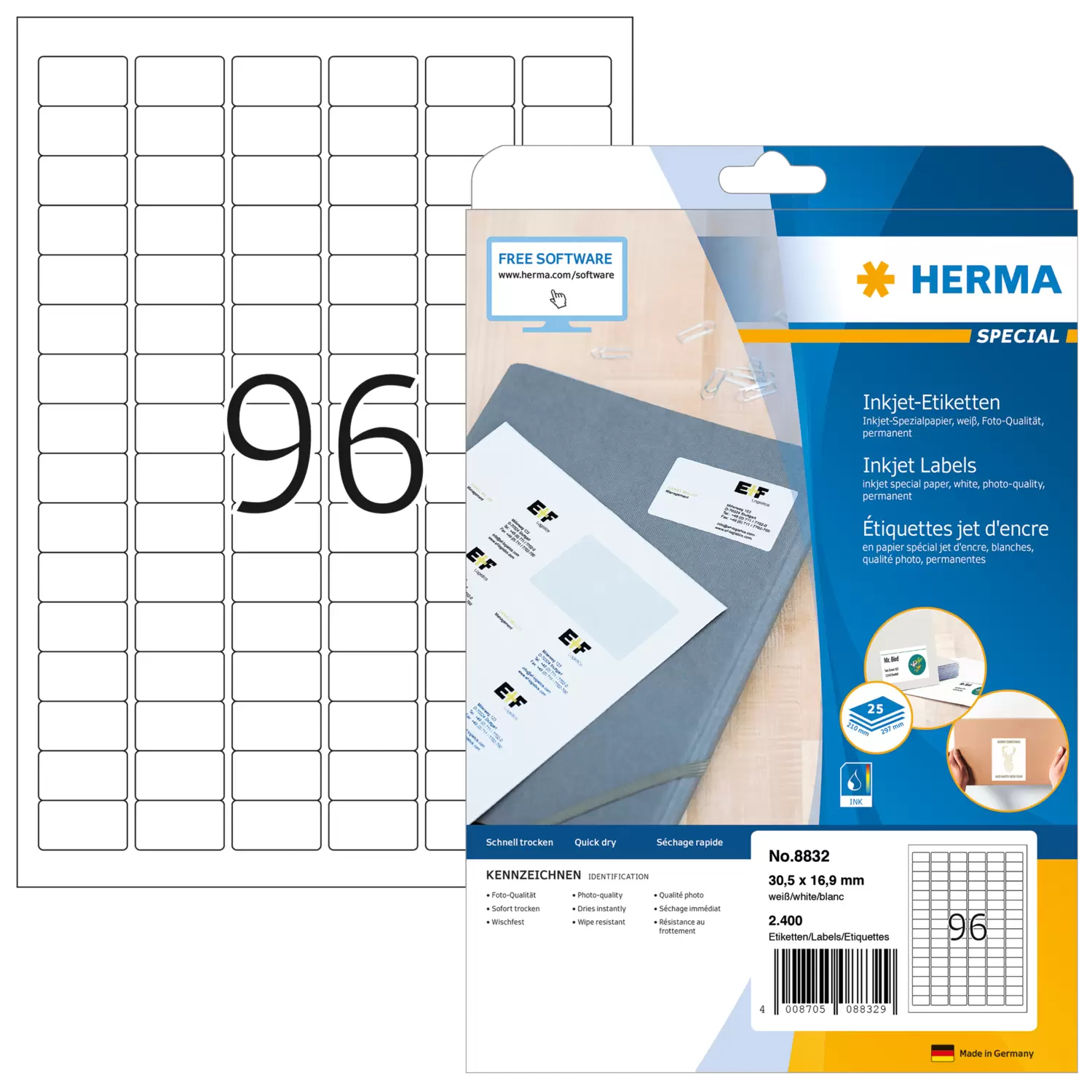 Image of HERMA Inkjet labels A4 30.5x16.9 mm white paper matt 2400 pcs.