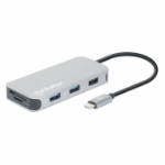 Manhattan USB-C Dock/Hub with Card Reader, Ports (x6): Ethernet, HDMI, USB-A (x3) and USB-C, With Power Delivery (10W) to USB-C Port (Note additional USB-C wall charger and USB-C cable needed), Cable 15cm, Aluminium, Silver, Three Year Warranty, Retail Bo