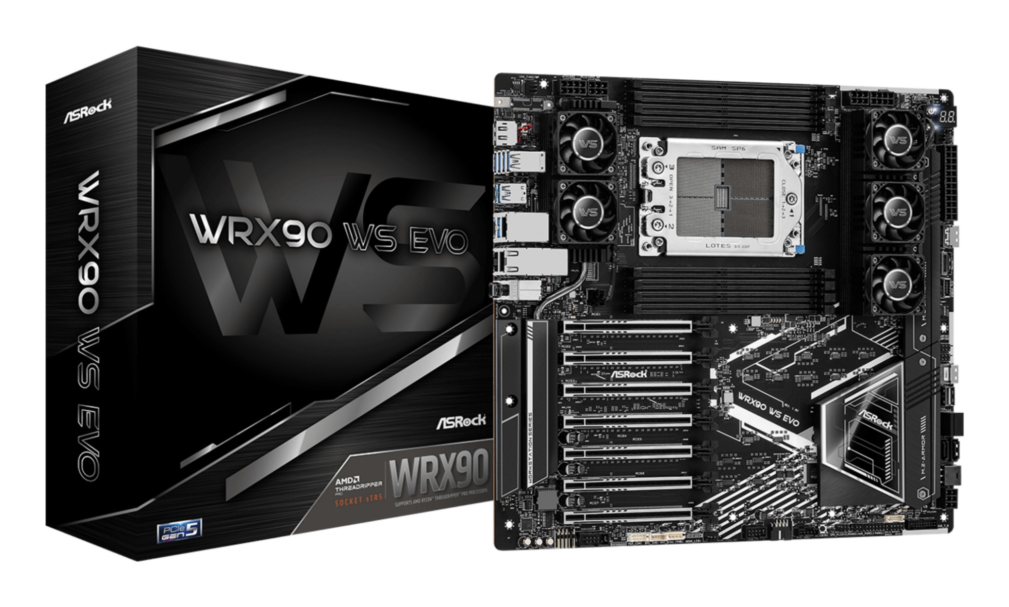 WRX90 WS EVO ASROCK WRX90 WS EVO, Workstation, AMD WRX90, sTR5, EEB, 8 DDR5 ECC, Dual 10G LAN, SlimSAS, MCIO, 7x PCIe5 x16, 2x M.2