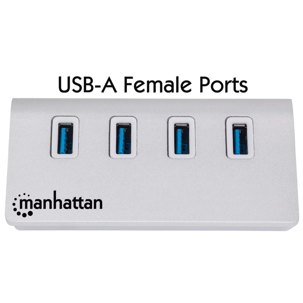 Manhattan USB-A 4-Port Hub, 4x USB-A Ports, 5 Gbps (USB 3.2 Gen1 aka USB 3.0), Bus Powered, Fast charging up to 0.9A, Equivalent to Startech ST43004UA, SuperSpeed USB, Aluminium Housing, Windows and Mac, Silver, Three Year Warranty, Blister