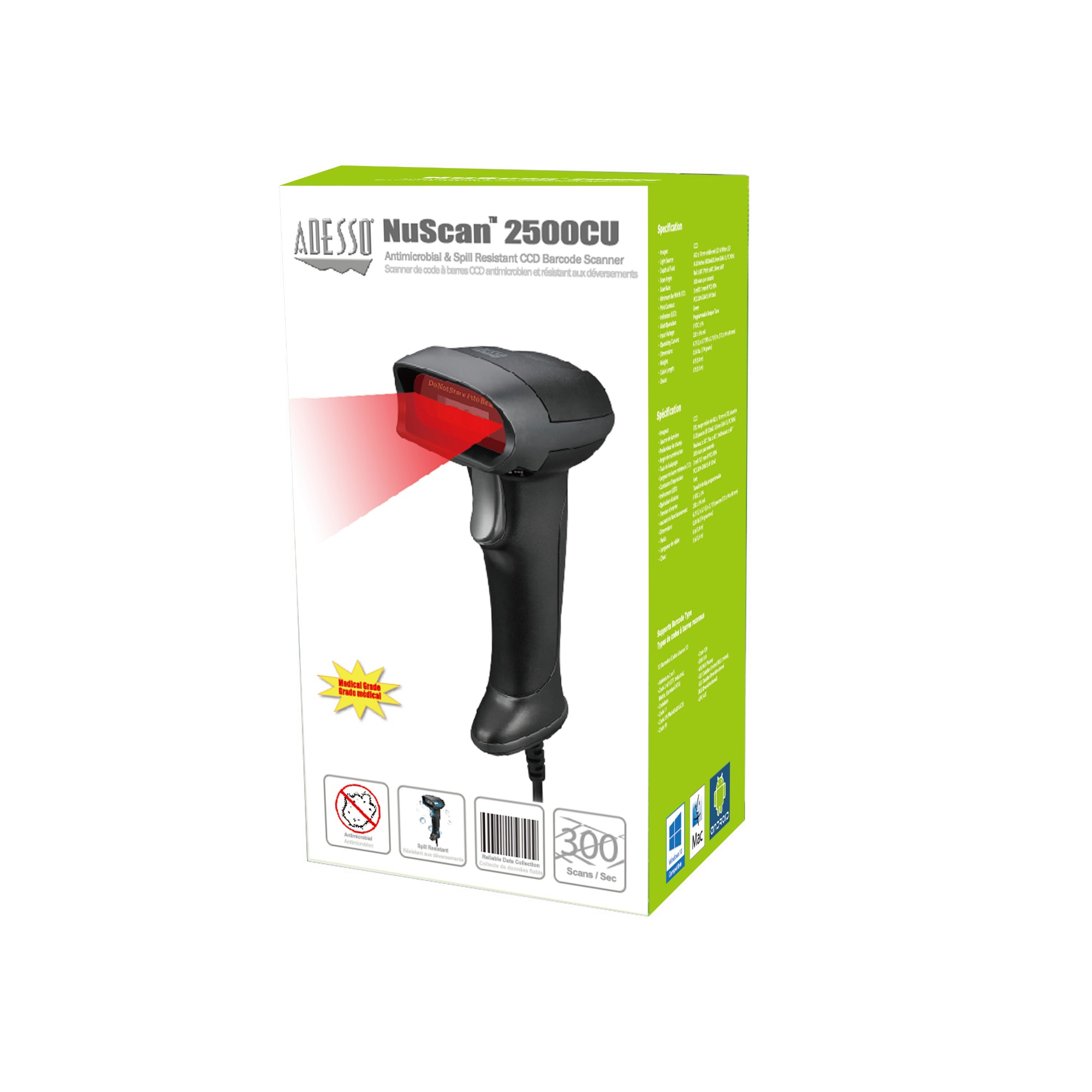 Adesso NuScan 2500CU - Spill Resistant Antimicrobial CCD Barcode Scanner