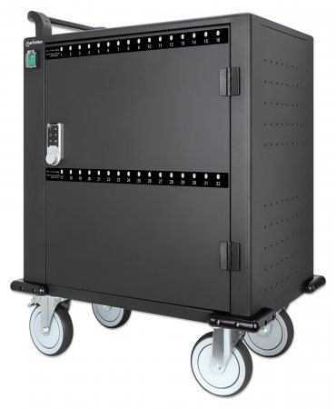 Manhattan Charging Cabinet/Cart via USB-C x32 Devices, Trolley, Power Delivery 18W per port (576W total), Suitable for iPads/other tablets/phones/smaller chromebooks, Bays 330x22x235mm, Device charging cables not included, Lockable (PIN code), EU & UK pow