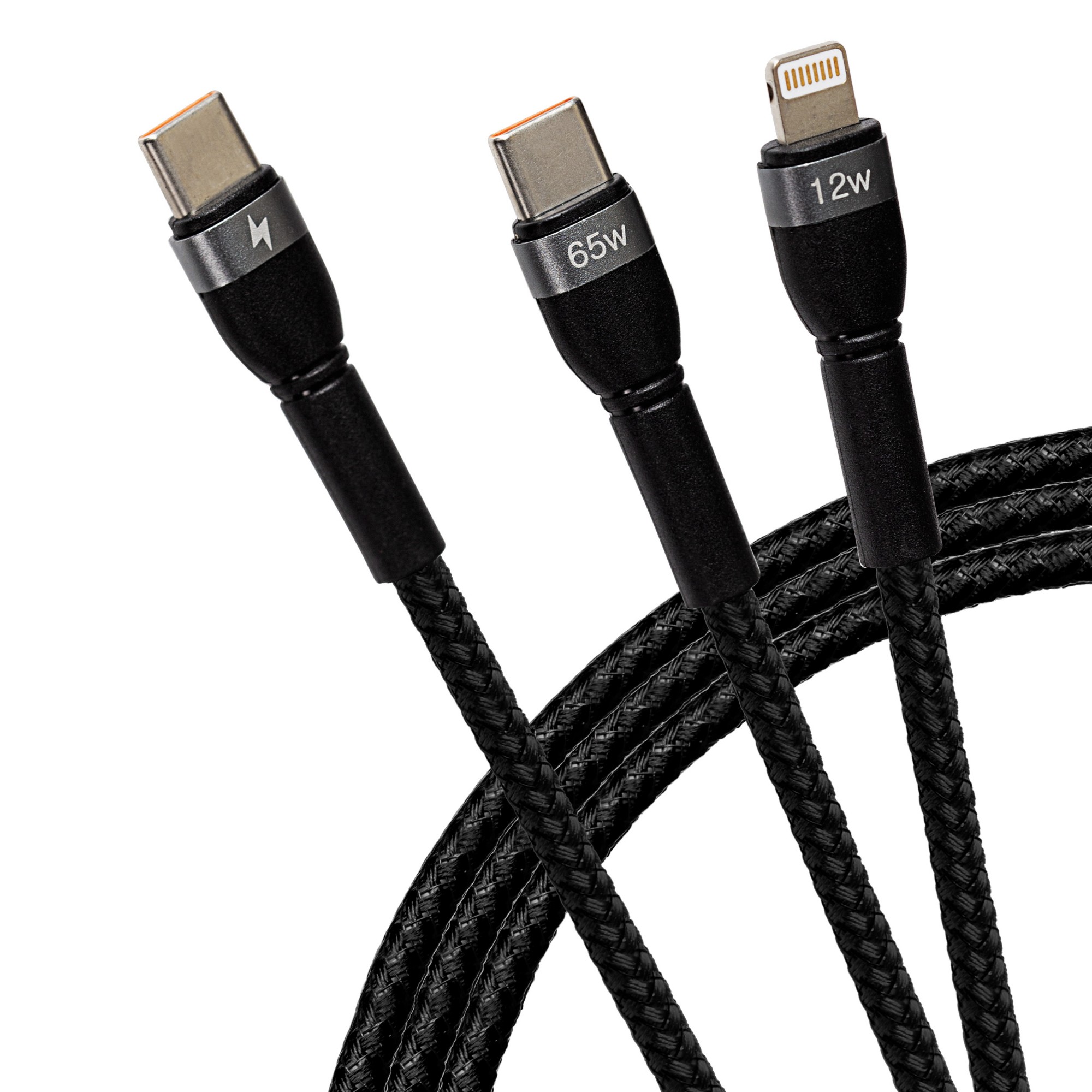 Maplin 2-in-1 USB-C to Multi-Charging USB-C 65W & Lightning 12W Braided Cable - 2m