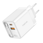 LogiLink USB-A/C charger, 65 W, GaN, 3-port, 1x USB-A (QC), 1x USB-C, 1x USB-C cable (PD), White
