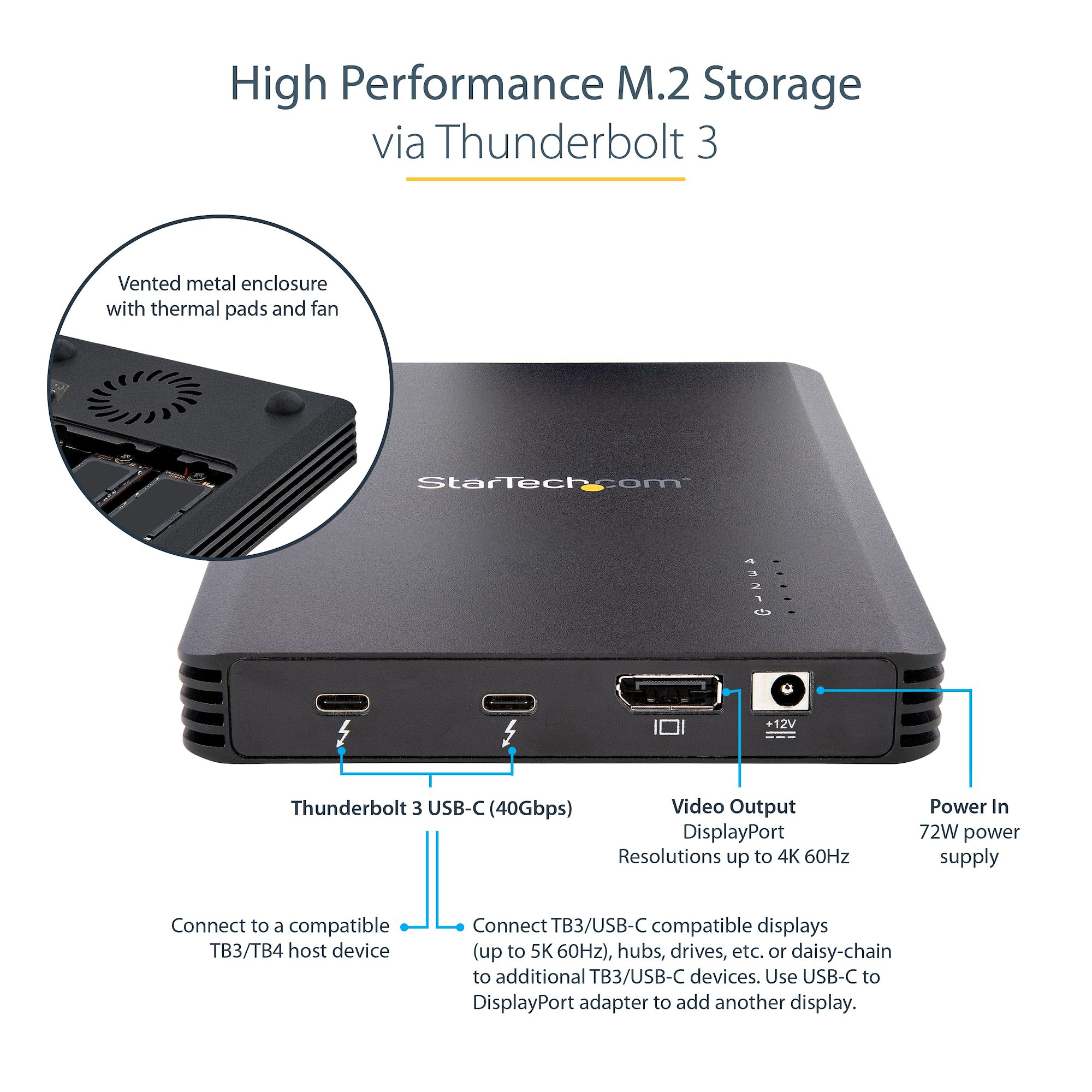 StarTech.com 4 Bay Thunderbolt 3 NVMe Enclosure, For M.2 NVMe SSD Drives, 1x DisplayPort Video/ 2x TB3 Downstream Ports, 40Gbps, 72W Power Supply, External Hard Drive Enclosure