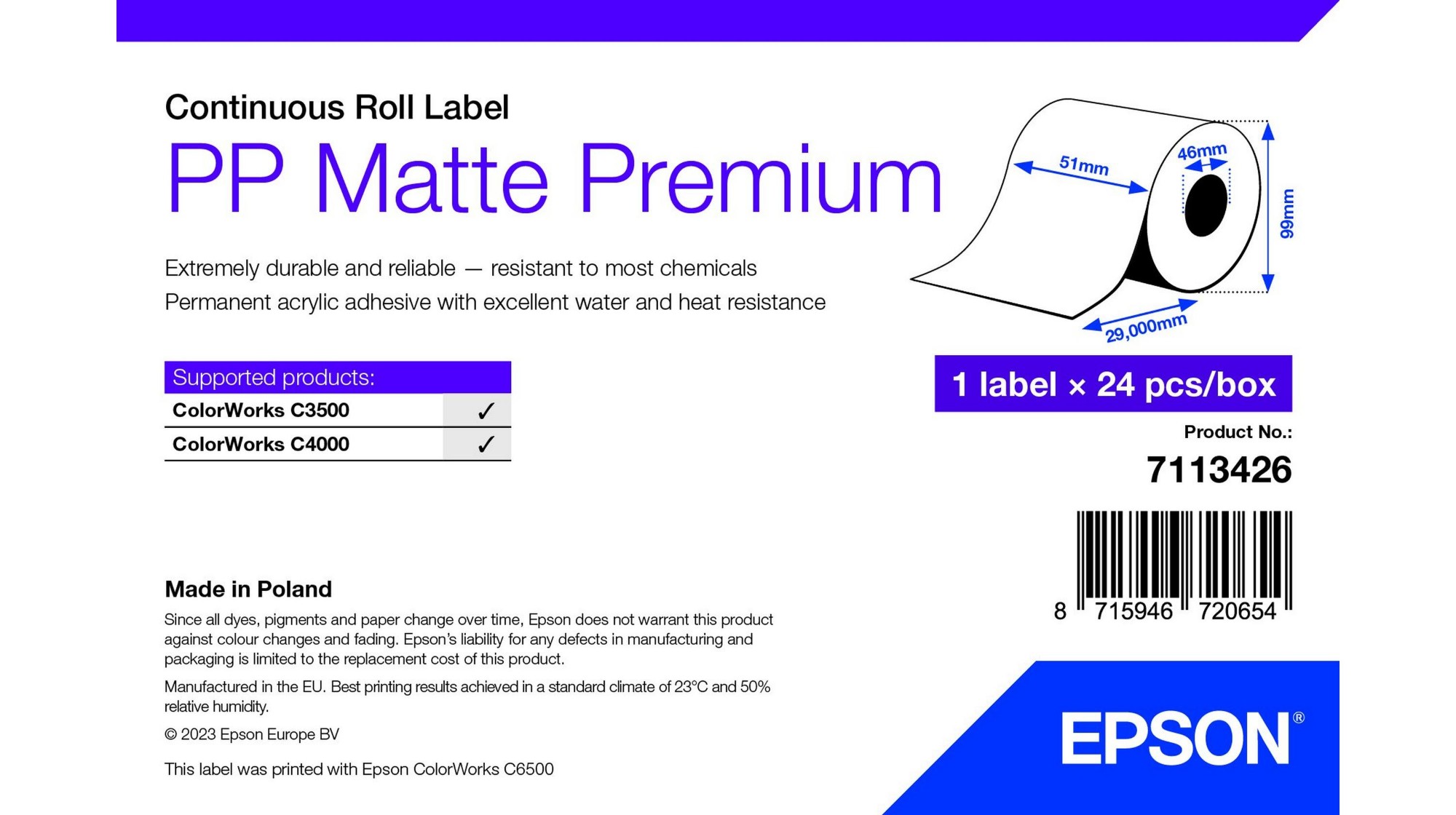 Epson White Pp Matte Label Premium. Continuous Roll. 51Mm X 29M
