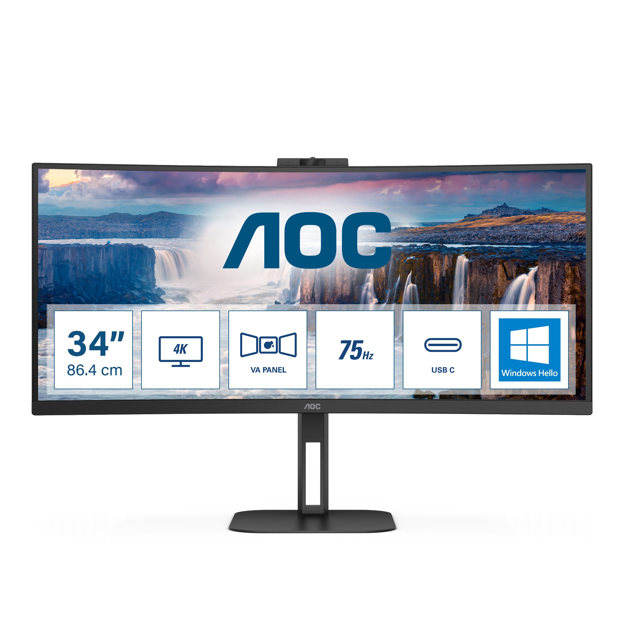 Screen size (inch) 34, Panel resolution 3440x1440, Refresh rate 100 Hz, Response time MPRT 1 ms, Panel type VA, USB-C connectivity USB-C 3.2 x 1 (DP alt mode, upstream, power delivery up to 65 W), HDMI HDMI 2.0 x 1, Display Port DisplayPort 1.2 x 1, D-SUB