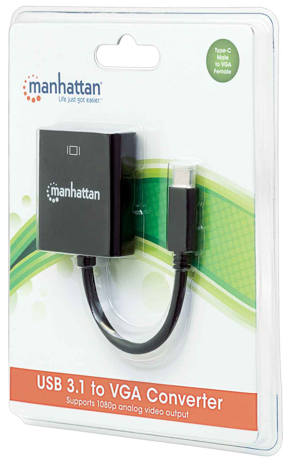 Manhattan USB-C to VGA Converter Cable, 8cm, Male to Female, 1920x1080p@60Hz, Black, Blister