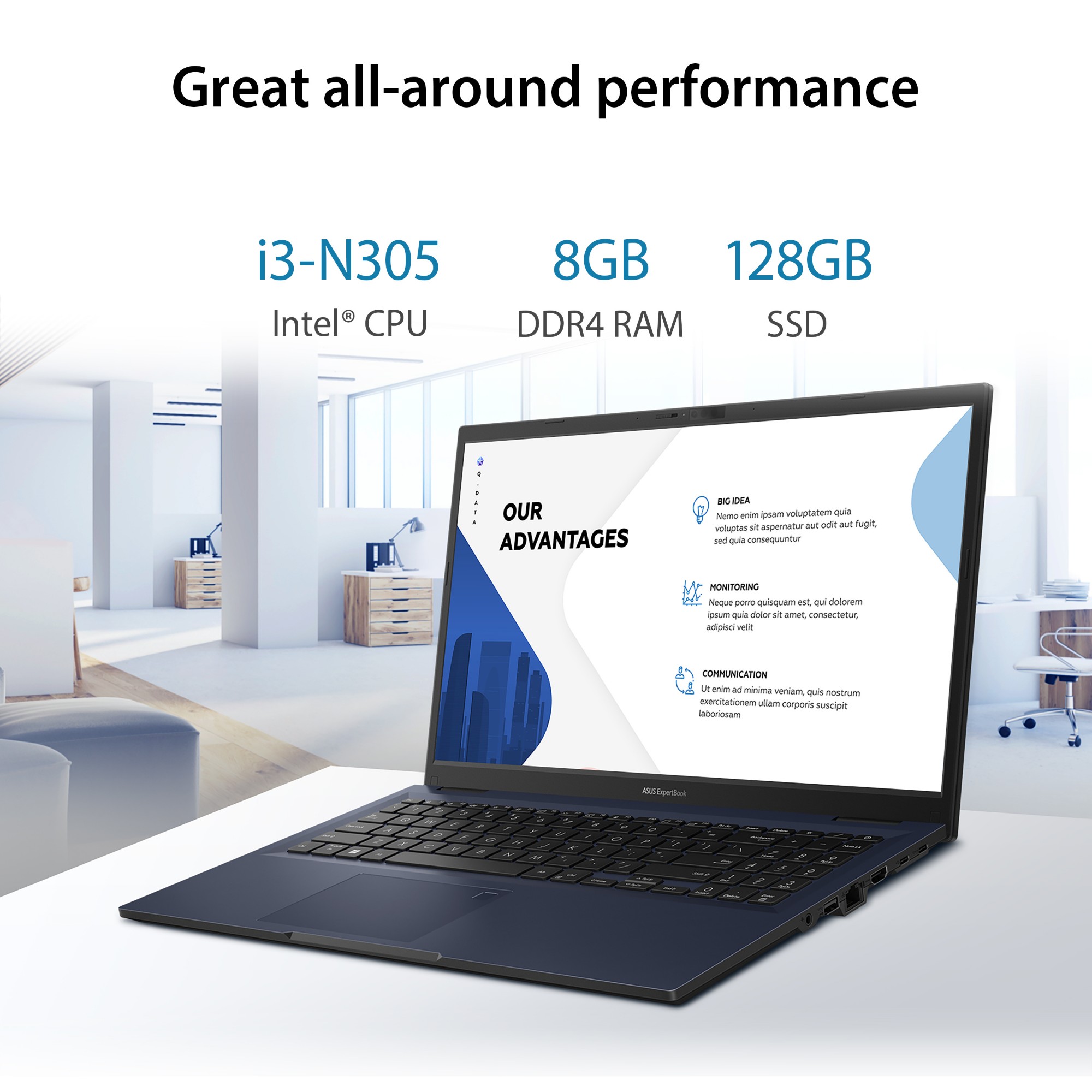 ASUS ExpertBook B1 B1502CG-BQI381XA Laptop 39.6 cm (15.6") Full HD Intel Core i3 N-series i3-N305 8 GB DDR4-SDRAM 128 GB Flash Wi-Fi 6 (802.11ax) Windows 11 Pro Education Black