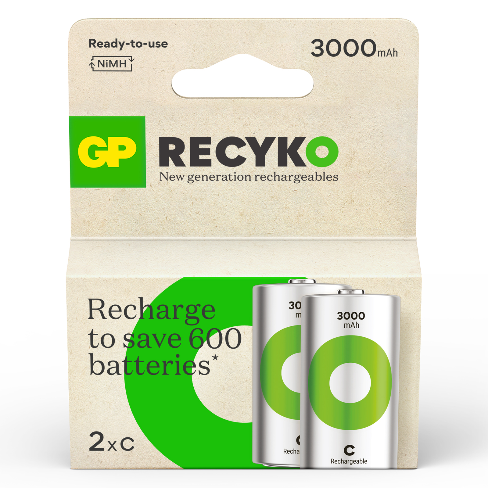 GP Batteries GP Recyko C Size 3000mAh Rechargable Battery - Pack of 2