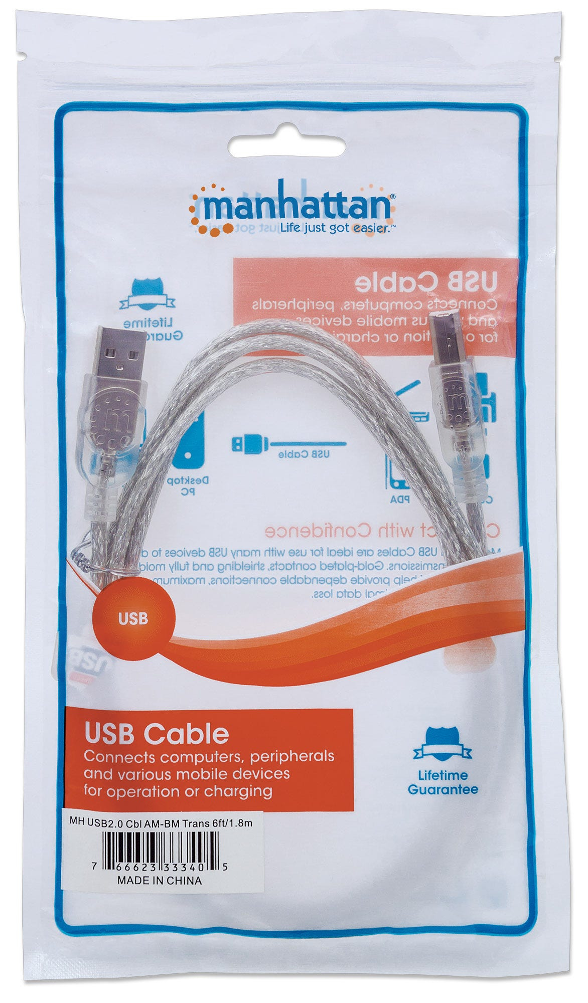 Manhattan USB-A to USB-B Cable, 1.8m, Male to Male, 480 Mbps (USB 2.0), Translucent Silver, Polybag