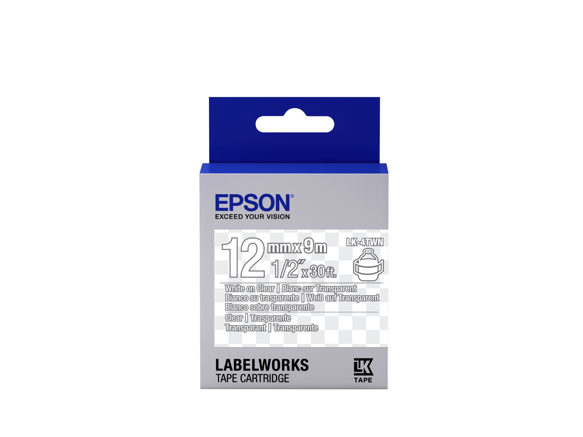 Epson C53S654013/LK-4TWN Ribbon white on Transparent extra adhesive 9mm x 9m for Epson LabelWorks 4-18mm/36mm/6-12mm/6-18mm/6-24mm